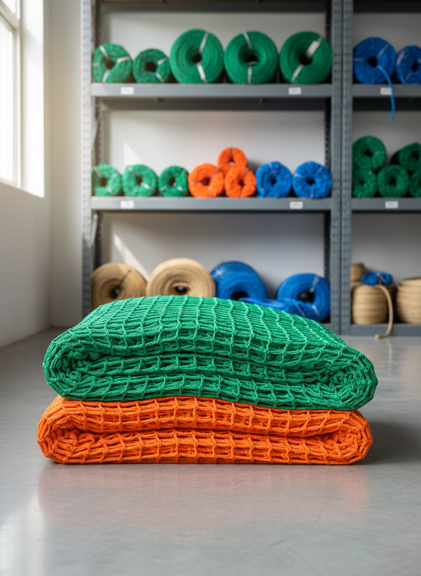 A stack of heavy-duty safety nets in vibrant green and orange, neatly folded to reveal thick braided ropes and tightly woven mesh, resting on a clean industrial warehouse floor. Behind them, tall metal shelving holds rolls of netting and coiled ropes in various gauges, all clearly organized. Cool, diffused daylight enters from high side windows, creating soft reflections on the polished concrete and emphasizing the texture of the fibers. Photographed at eye level with sharp focus throughout, the composition is centered and balanced, projecting a professional, trustworthy manufacturing environment. The photographic realism and clean, modern aesthetic highlight product quality and reliability for an industrial rope and net supplier website.