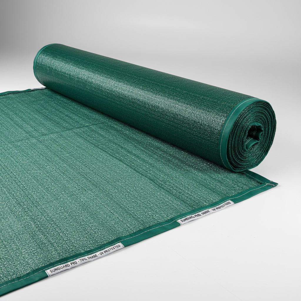 A large roll of deep green shade netting partially unrolled across a smooth white studio surface, revealing its fine, even mesh designed to filter sunlight. The edges are neatly hemmed with reinforced stitching and bold white labeling tags. Neutral, soft studio lighting evenly illuminates every fiber, creating gentle shadows within the layers of net and a clean, technical atmosphere. Shot from a slightly elevated angle with the roll placed along the rule of thirds, the background fades into a subtle gradient for a modern, minimalist look. The photographic realism and crisp detail convey customization, product quality, and professional sunshade solutions for agricultural and construction use.