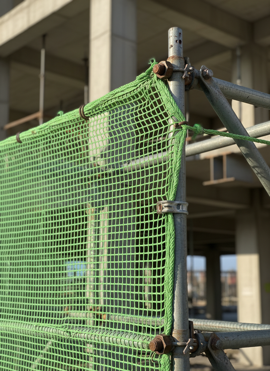 A close-up of a bright green construction safety net stretched tightly across a steel scaffold frame, showcasing the dense, uniform weave and reinforced edge ropes with sturdy metal fasteners. In the softly blurred background, geometric hints of unfinished concrete structures and steel beams suggest a large building site without showing any workers. Late afternoon natural light grazes the net from the side, casting subtle shadows in the mesh pattern and creating a confident, secure mood. Captured from a slightly low angle with a shallow depth of field, the scene has a realistic, professional photographic style that emphasizes durability, safety, and engineering precision.