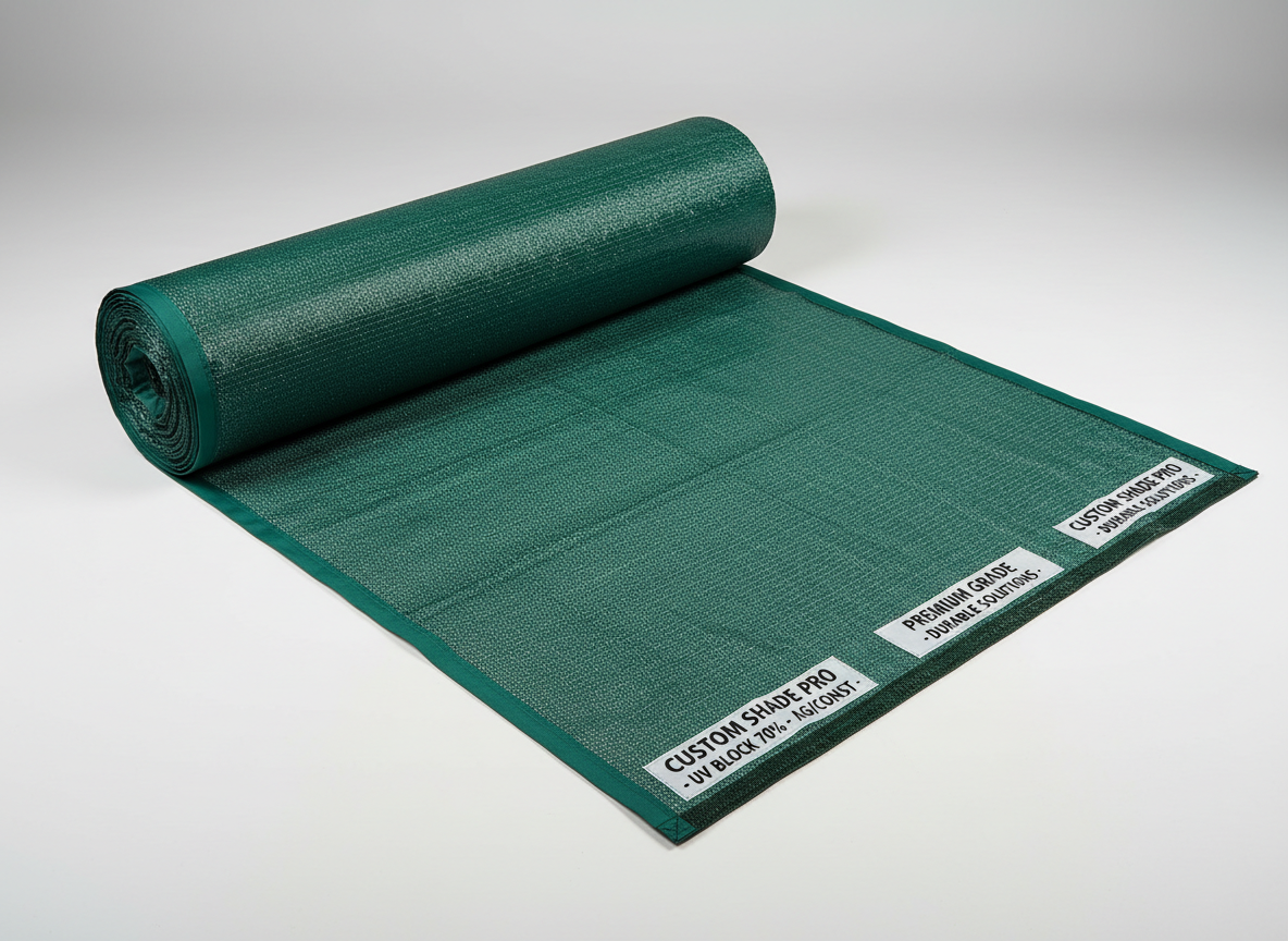 A large roll of deep green shade netting partially unrolled across a smooth white studio surface, revealing its fine, even mesh designed to filter sunlight. The edges are neatly hemmed with reinforced stitching and bold white labeling tags. Neutral, soft studio lighting evenly illuminates every fiber, creating gentle shadows within the layers of net and a clean, technical atmosphere. Shot from a slightly elevated angle with the roll placed along the rule of thirds, the background fades into a subtle gradient for a modern, minimalist look. The photographic realism and crisp detail convey customization, product quality, and professional sunshade solutions for agricultural and construction use.