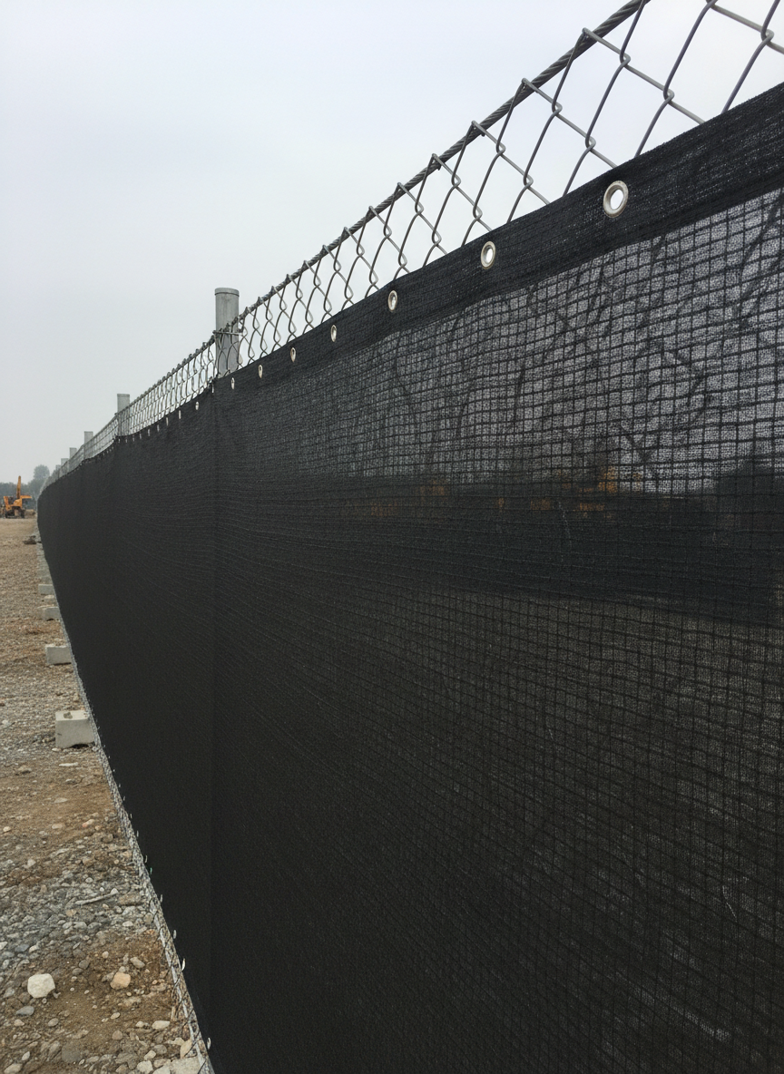 A wide span of black anti-dust mesh stretched along a construction site fence, its semi-transparent texture clearly visible as it breaks the wind while allowing faint outlines of machinery to show through in the distance. The net’s reinforced eyelets are tightly fastened to a taut steel cable, emphasizing robustness and orderly installation. Overcast daylight creates soft, even illumination with minimal shadows, giving a calm, controlled atmosphere. Photographed from a side perspective with the fence receding into the distance, the composition uses leading lines to draw the eye along the net. The realistic, clean photographic style underscores functional performance and environmental dust control for industrial applications.