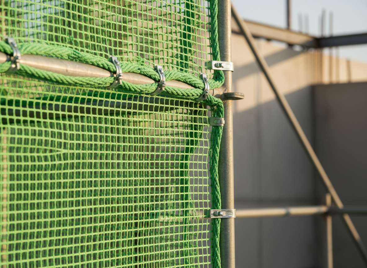 A close-up of a bright green construction safety net stretched tightly across a steel scaffold frame, showcasing the dense, uniform weave and reinforced edge ropes with sturdy metal fasteners. In the softly blurred background, geometric hints of unfinished concrete structures and steel beams suggest a large building site without showing any workers. Late afternoon natural light grazes the net from the side, casting subtle shadows in the mesh pattern and creating a confident, secure mood. Captured from a slightly low angle with a shallow depth of field, the scene has a realistic, professional photographic style that emphasizes durability, safety, and engineering precision.