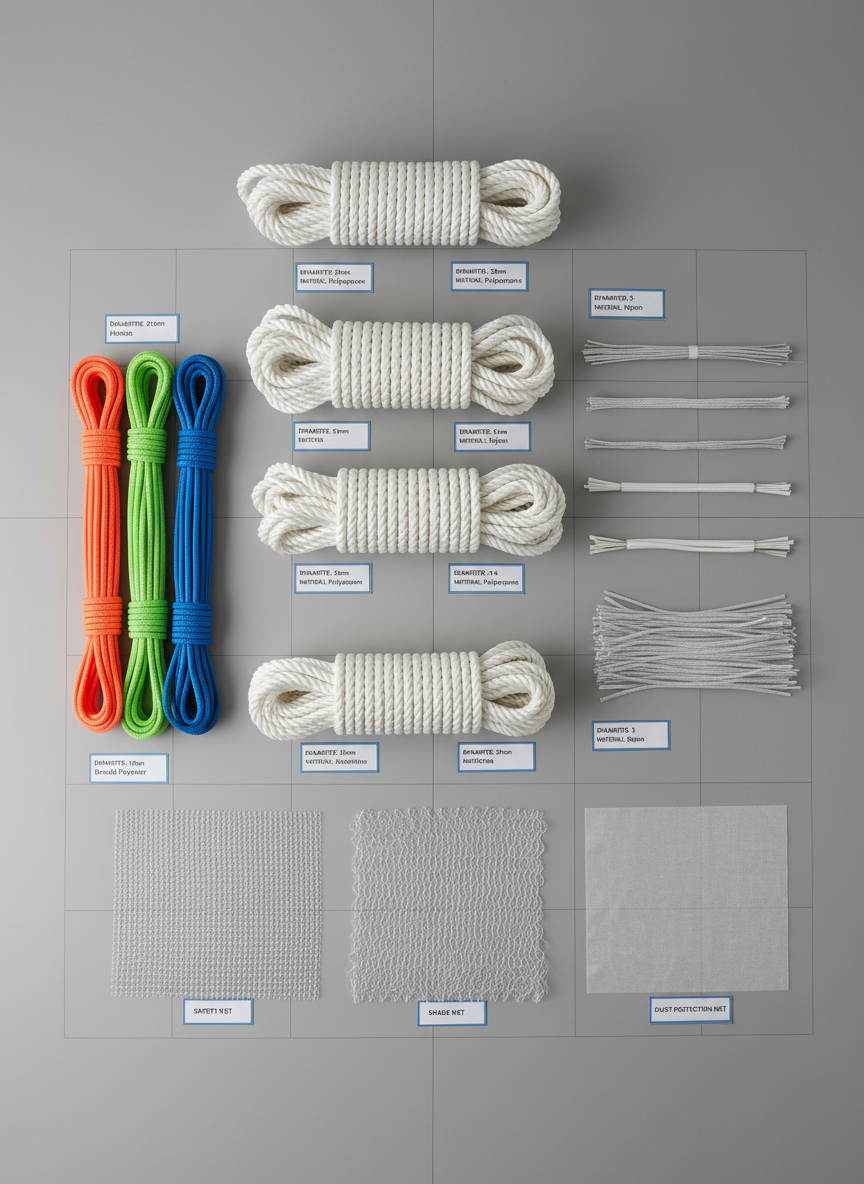 An orderly array of different rope and net samples laid out on a light grey technical presentation table: thick twisted polypropylene ropes, smooth nylon cords, colorful braided safety lines, and swatches of various nets labeled for safety, shade, and dust protection. Each sample is precisely aligned with small printed specification cards indicating diameter and material. Neutral, bright studio lighting from above highlights surface textures and subtle color differences while keeping shadows soft and unobtrusive. Captured from a true top-down, bird’s-eye view, the composition is symmetrical and clearly organized, evoking a catalog or product selection guide. The realistic, high-resolution photographic style conveys professionalism, customization options, and meticulous quality control for a specialized rope and net manufacturer.
